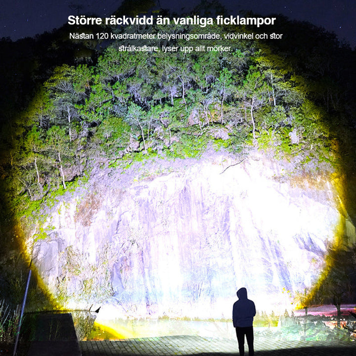 "Zoombar LED-ficklampa, kompakt design i silver, USB-C-laddning, fyra ljuslägen för utomhusäventyr, IP55-skydd."