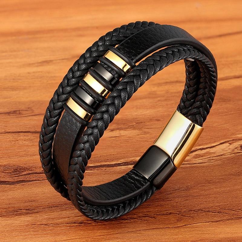 Svart läderarmband för män med moderna metalldetaljer