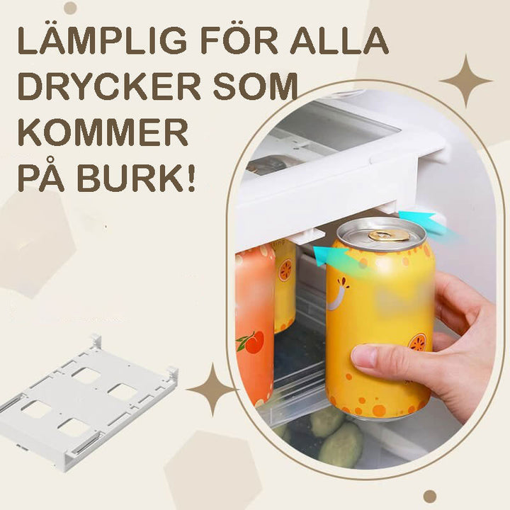 Hängande förvaringsställ för läskburkar som sparar utrymme i kylskåpet
