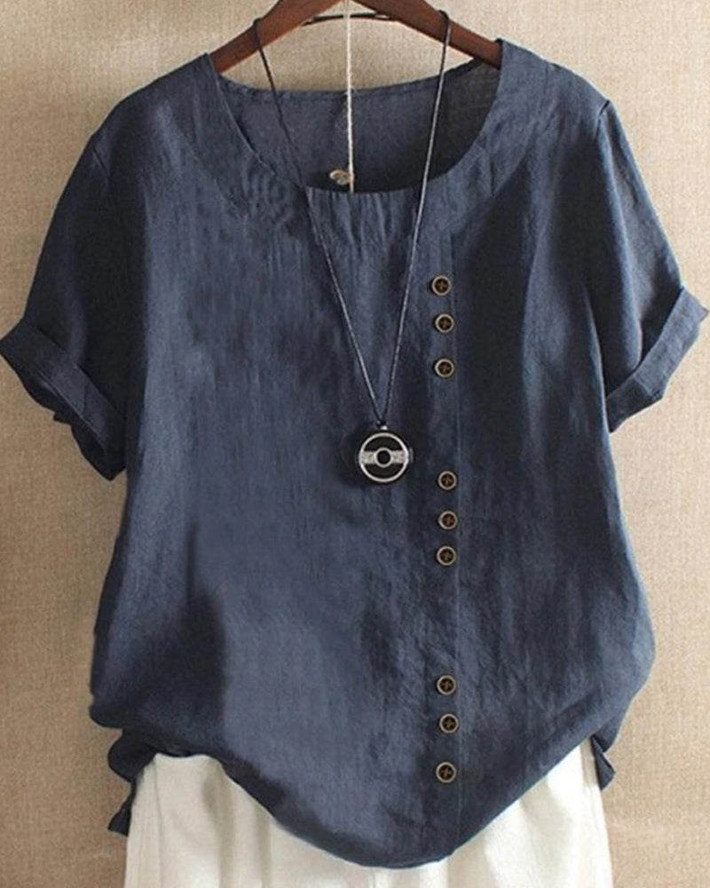 Enfärgad kortärmad sommar-t-shirt för dam