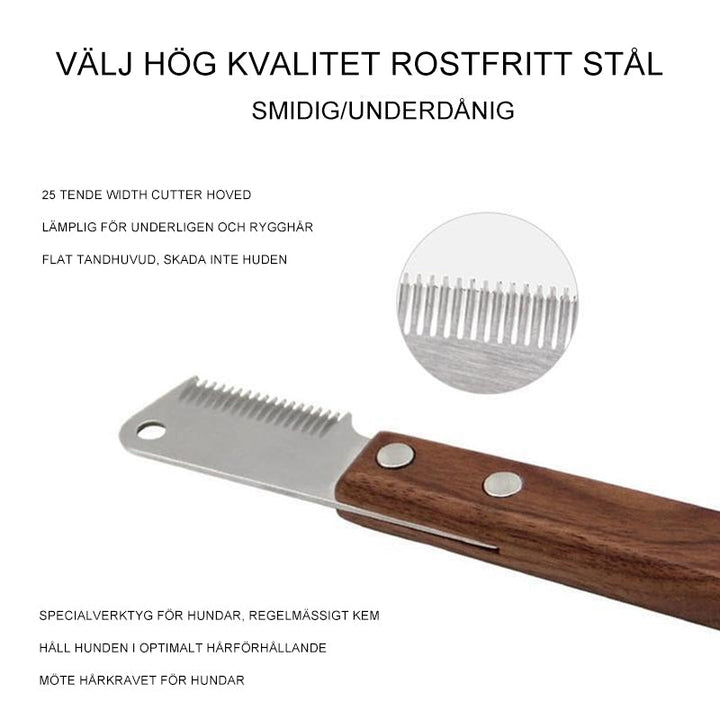 Husdjursborste med trähandtag.