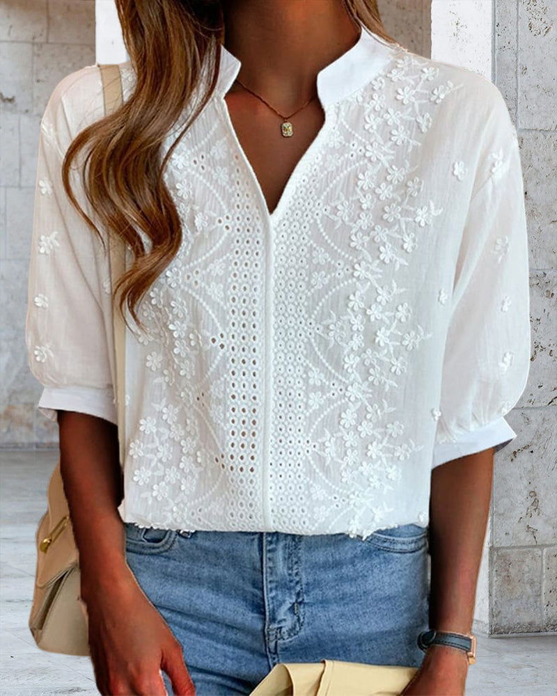 Kortärmad blus med V-ringning enfärgad